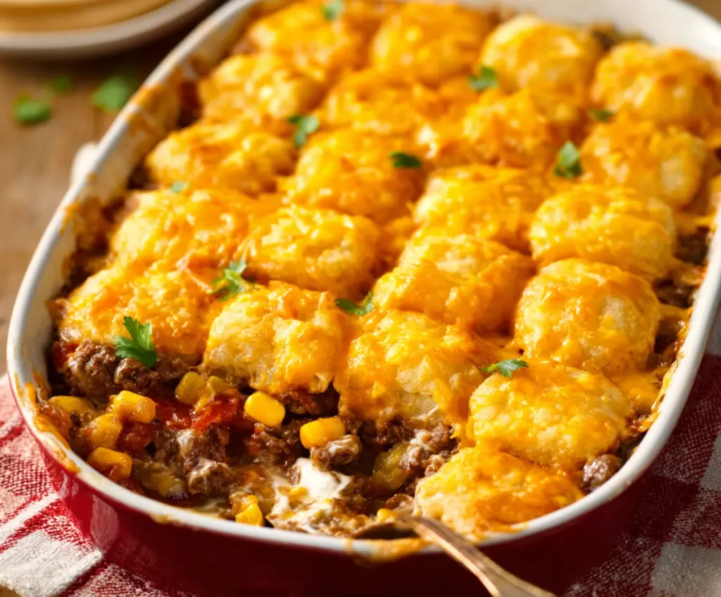 Hearty cowboy casserole with seasoned ground beef, corn, and cheesy topping served in a baking dish.