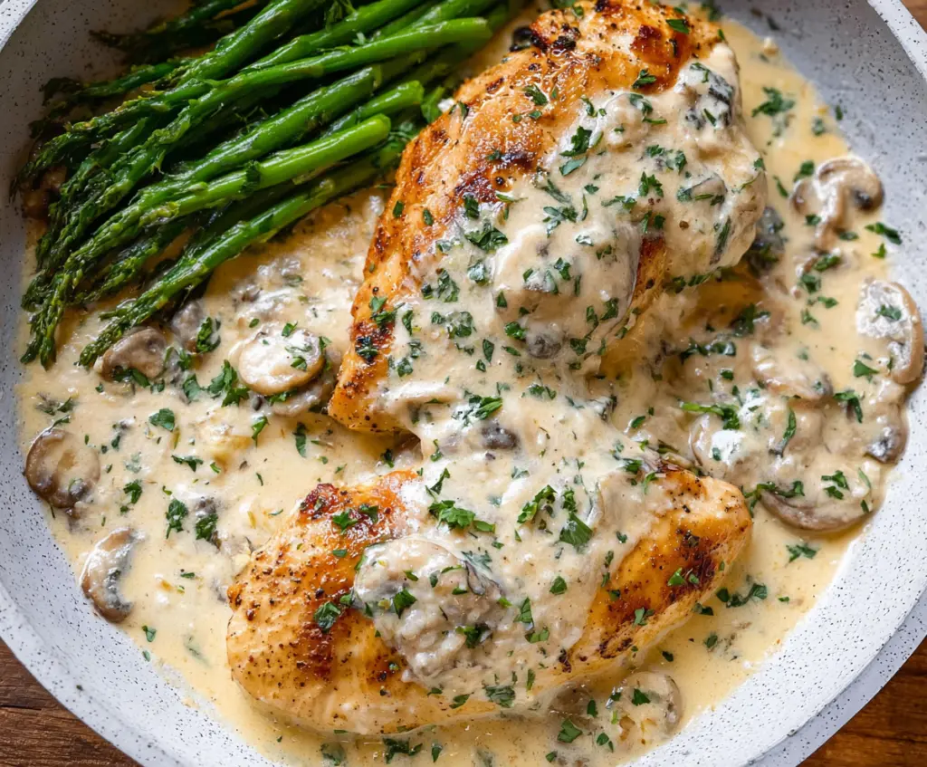 Creamy Boursin Chicken dish with herbs and melted cheese served on a plate.