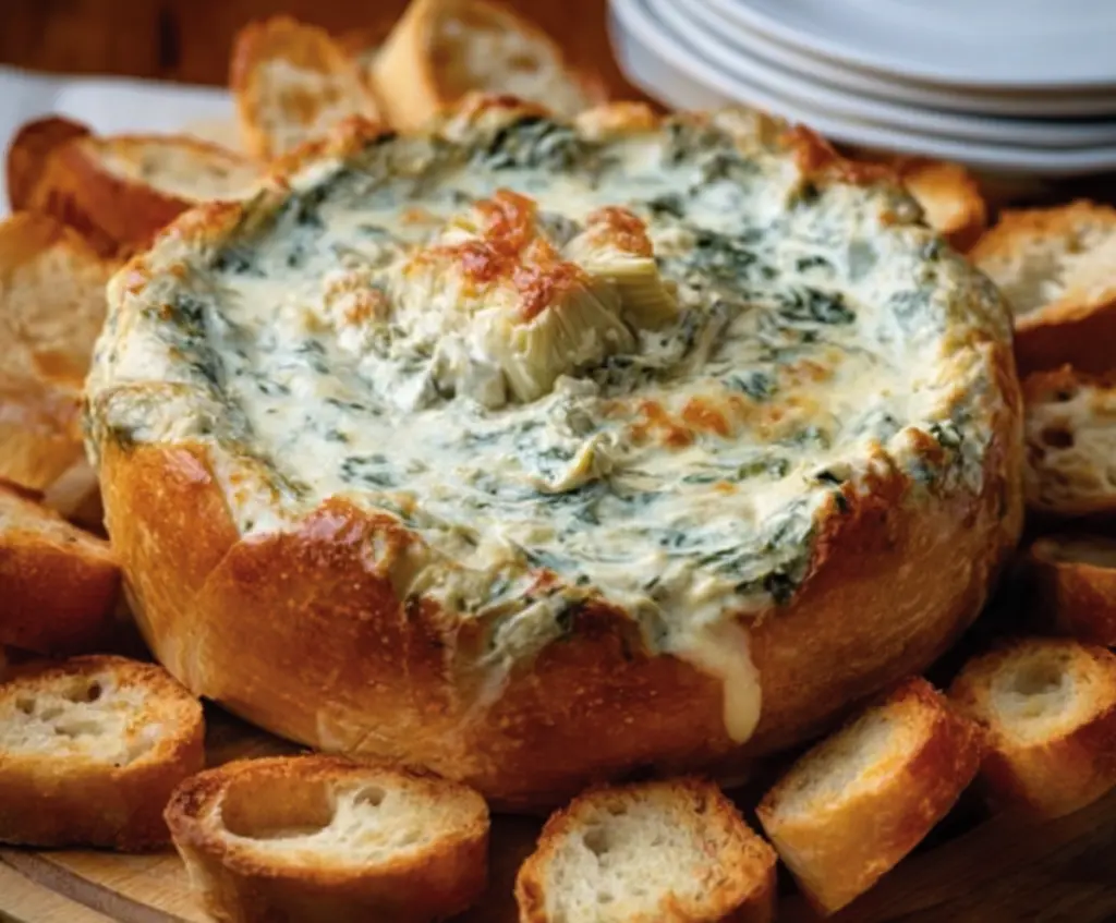 Creamy spinach and artichoke dip served with tortilla chips, perfect for sharing at parties.