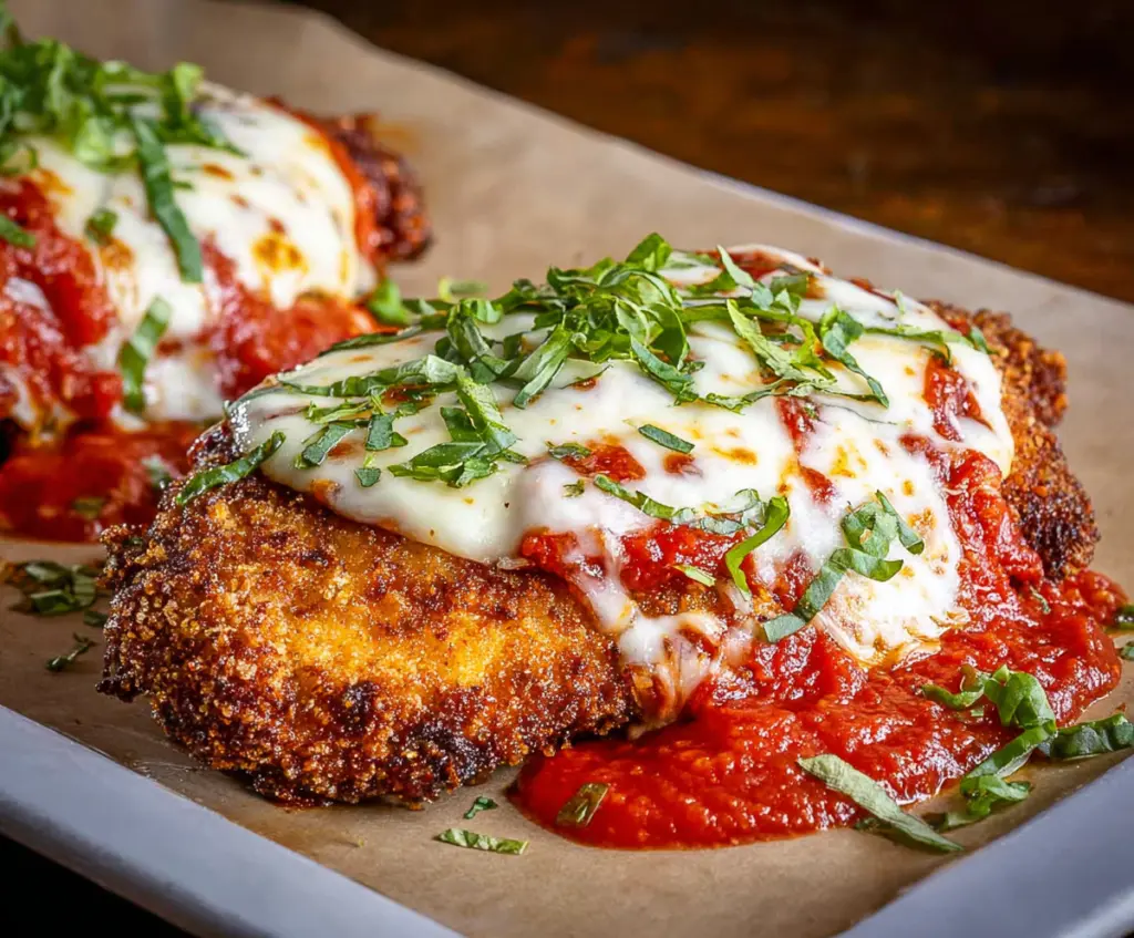 Golden crispy chicken Parmesan topped with melted cheese and marinara sauce on a plate.