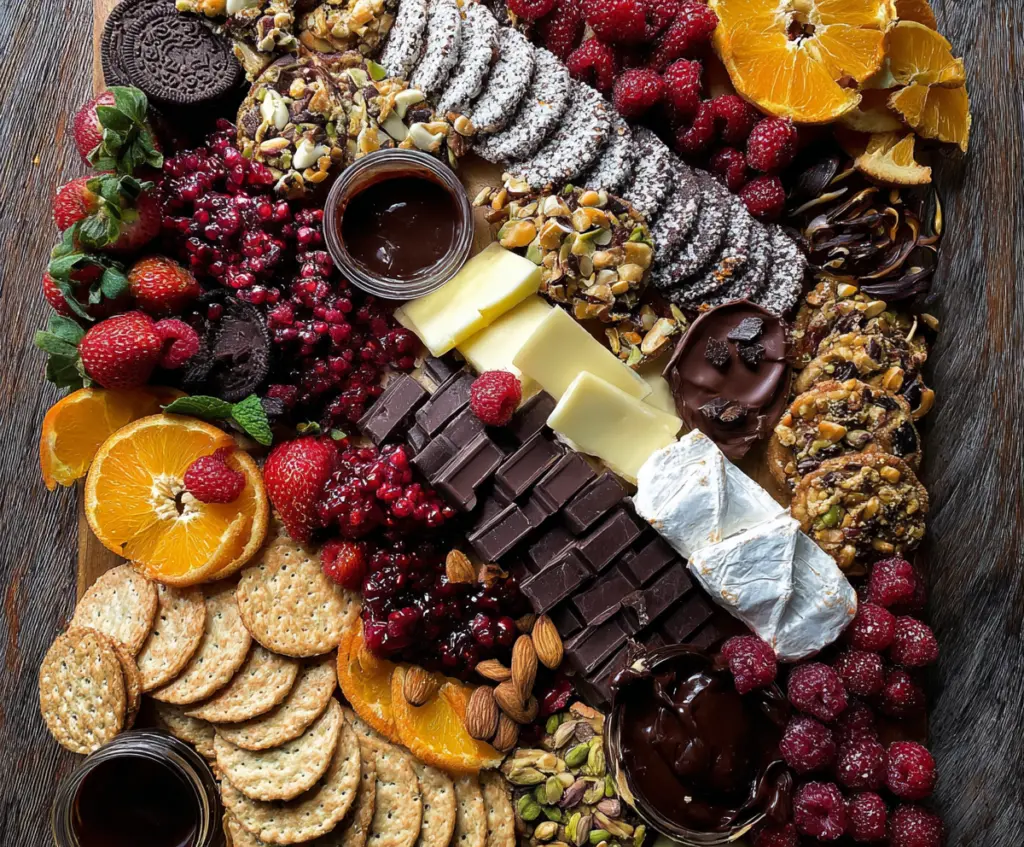 Colorful Dessert Charcuterie Board with various sweets, chocolates, and fruits for a delightful treat.