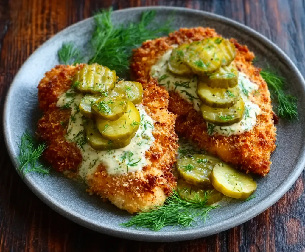 Juicy Dill Pickle Parmesan Chicken breast with crispy golden coating served on a plate