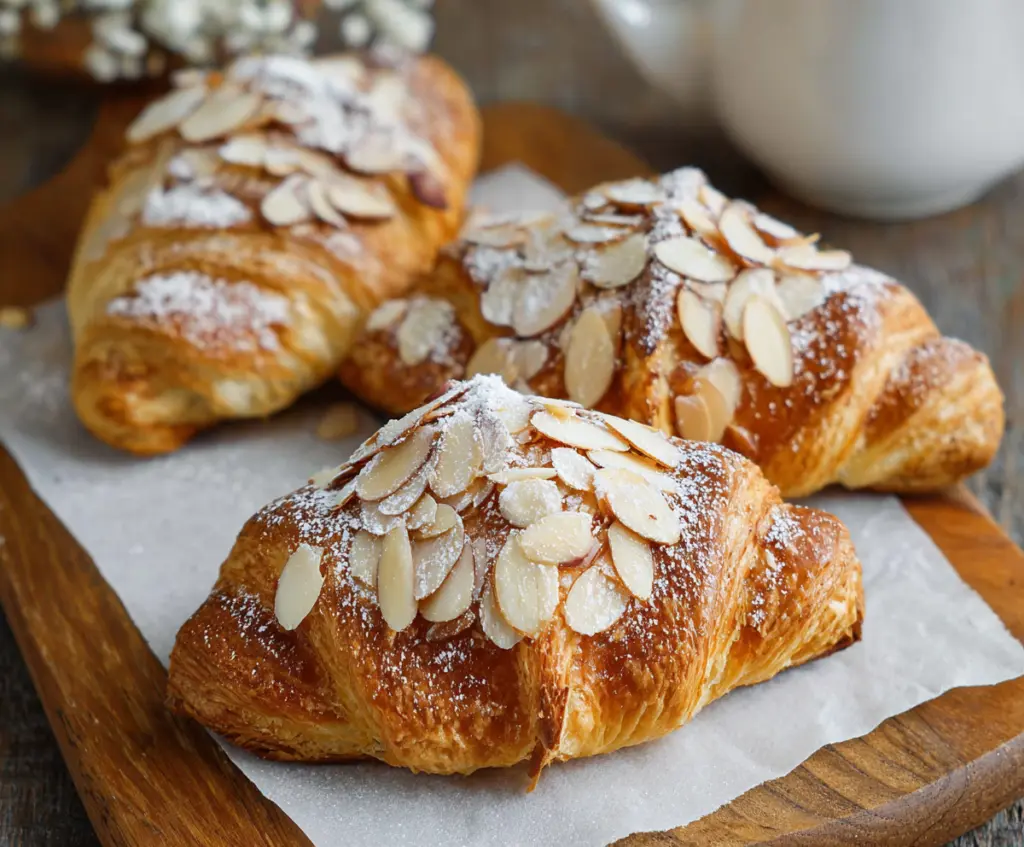 Delicious homemade almond croissants with flaky, golden pastry and almond filling.