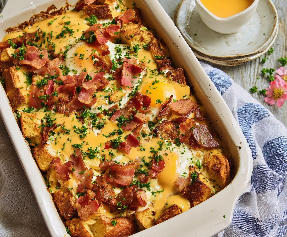 Eggs benedict casserole baked and topped with creamy sauce