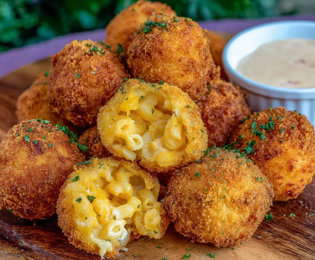 Golden crispy fried mac and cheese balls served hot as a delicious appetizer.
