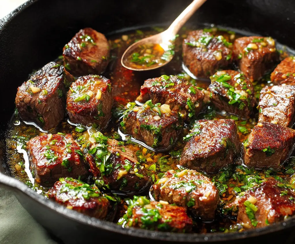 Juicy garlic butter steak bites on a plate, garnished with fresh herbs, perfect for a delicious appetizer or main course.