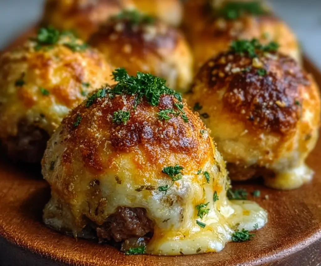 Delicious Garlic Parmesan Cheeseburger Bombs with melted cheese and crispy bacon topping.