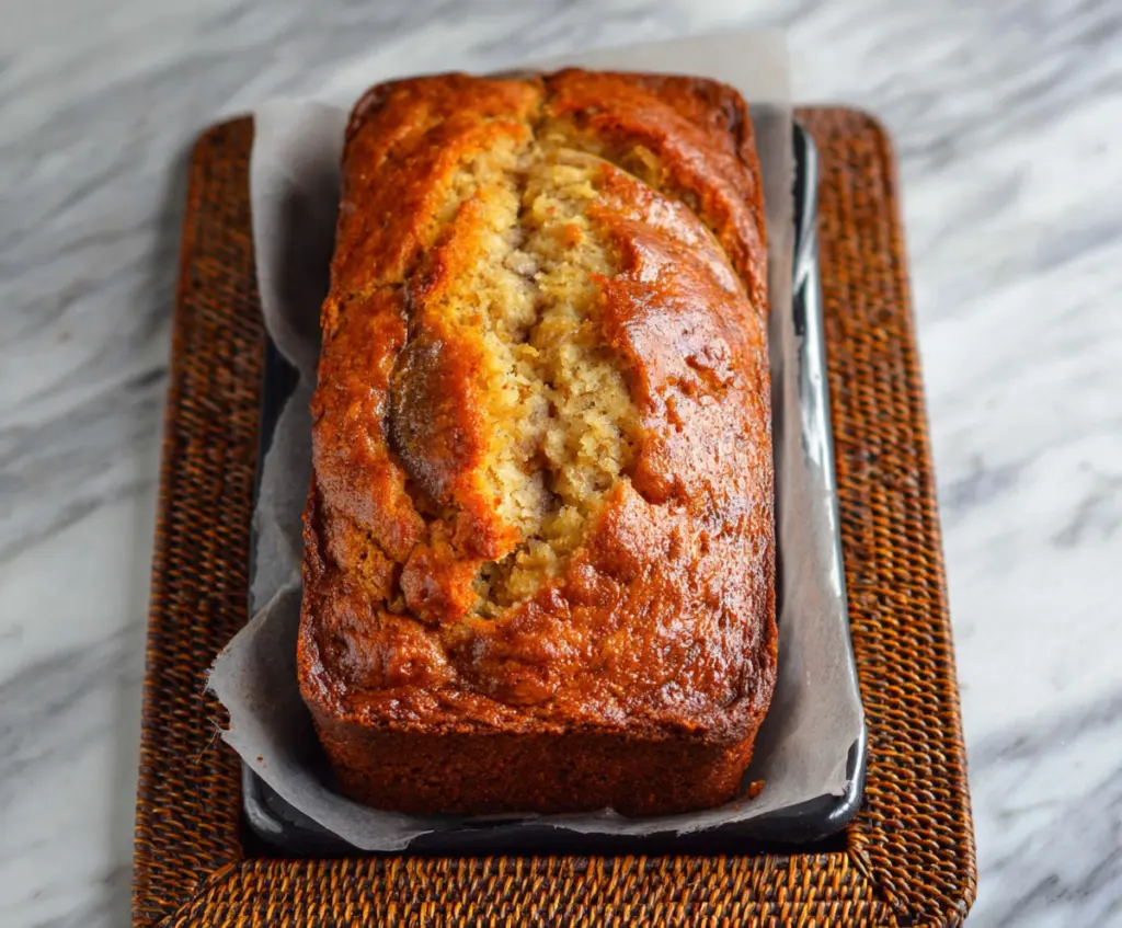 Delicious Greek Yogurt Banana Bread topped with slices of banana and a sprinkle of nuts.
