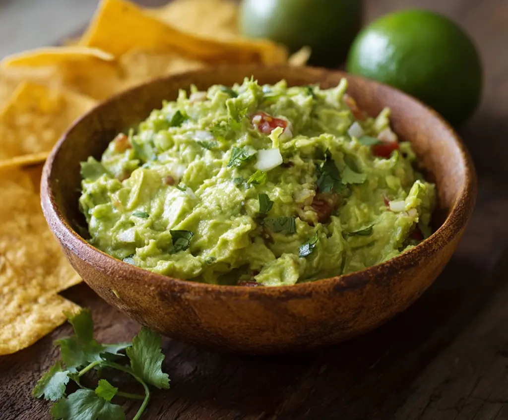 Creamy homemade guacamole with ripe avocados, tomatoes, and lime, perfect for dips and snacks.