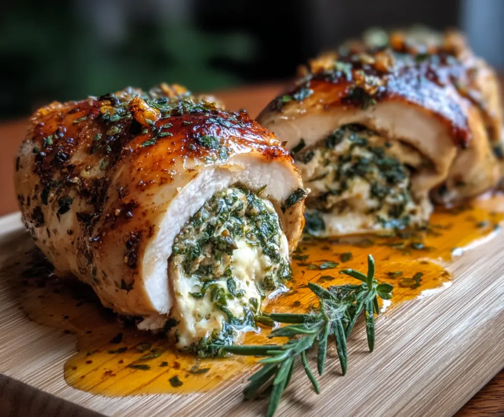 Herbed ricotta stuffed chicken rolls served on a white plate with fresh herbs for a delicious meal
