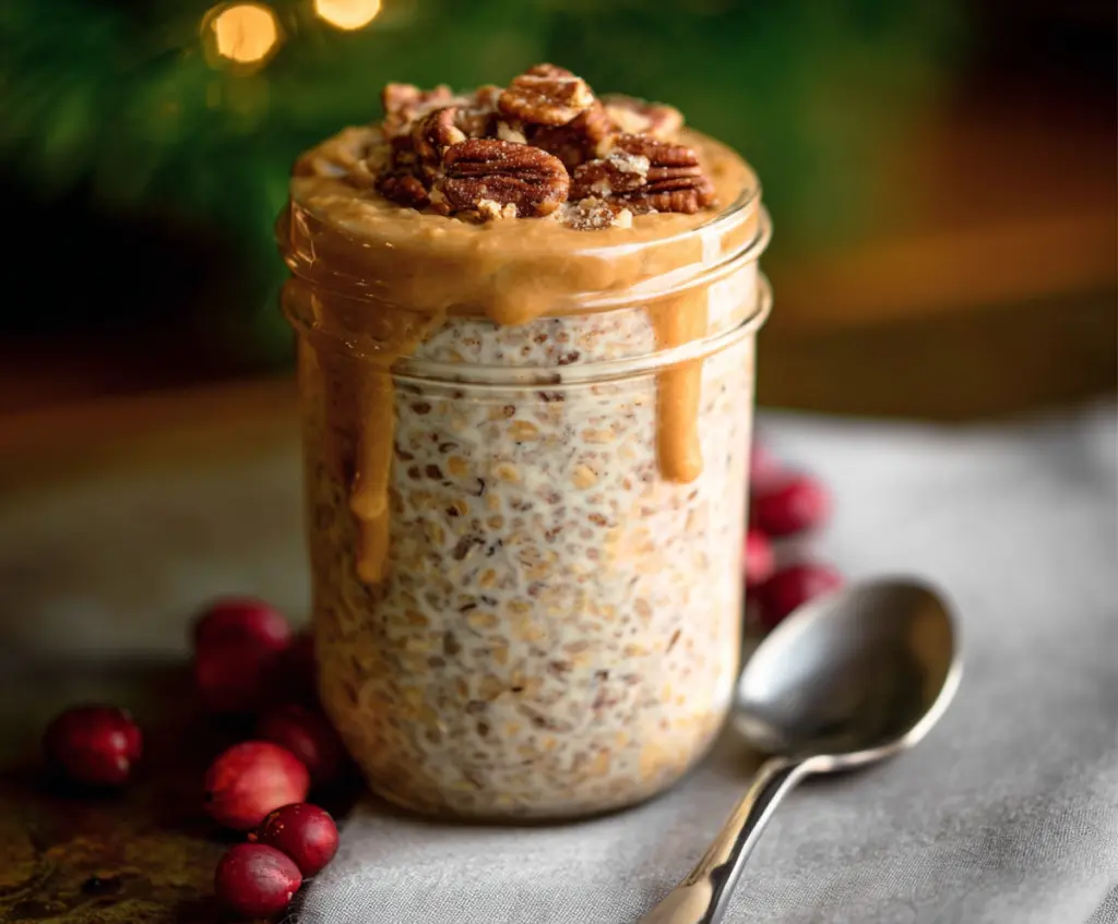 Delicious high protein gingerbread overnight oats in a glass jar with cinnamon and ginger toppings.