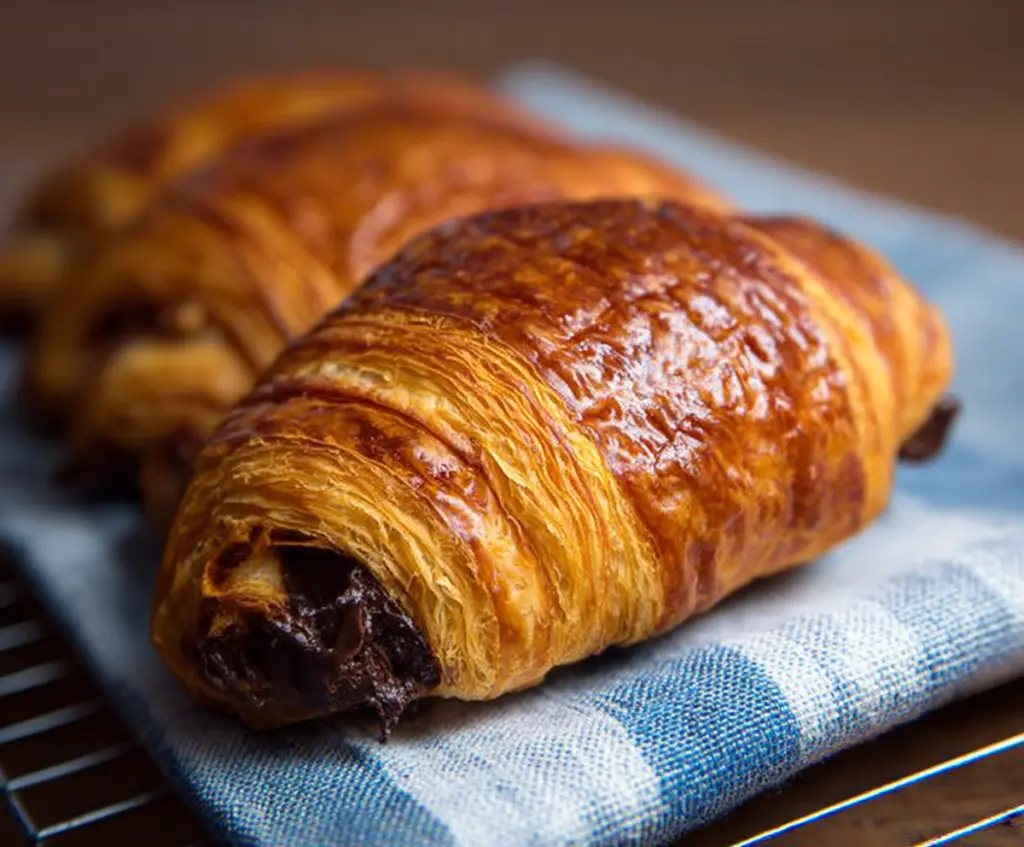 Delicious homemade chocolate croissants with flaky golden pastry and rich chocolate filling.