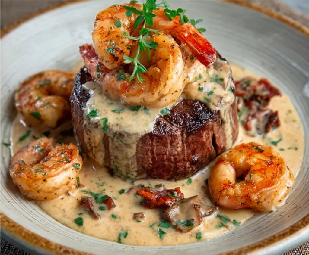 Delicious filet mignon topped with shrimp and lobster cream sauce on a elegant plate.