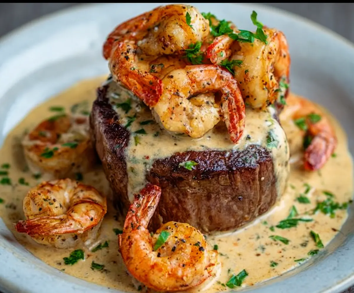 Filet mignon topped with shrimp and lobster cream sauce