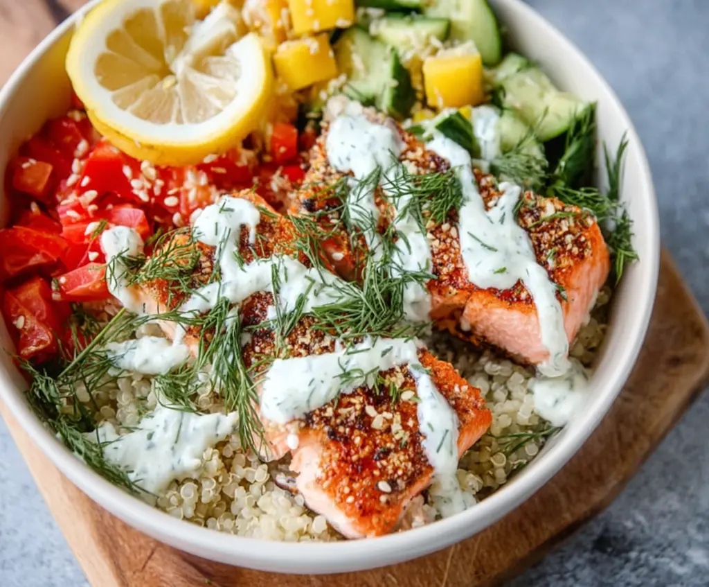 Fresh Lemon Dill Salmon Bowl with vibrant greens and crispy salmon fillets