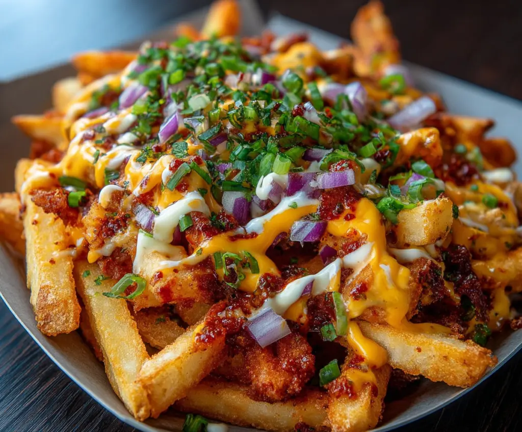 Savory Louisiana Voodoo Fries topped with spicy seasoning, melted cheese, and garnished with green onions.