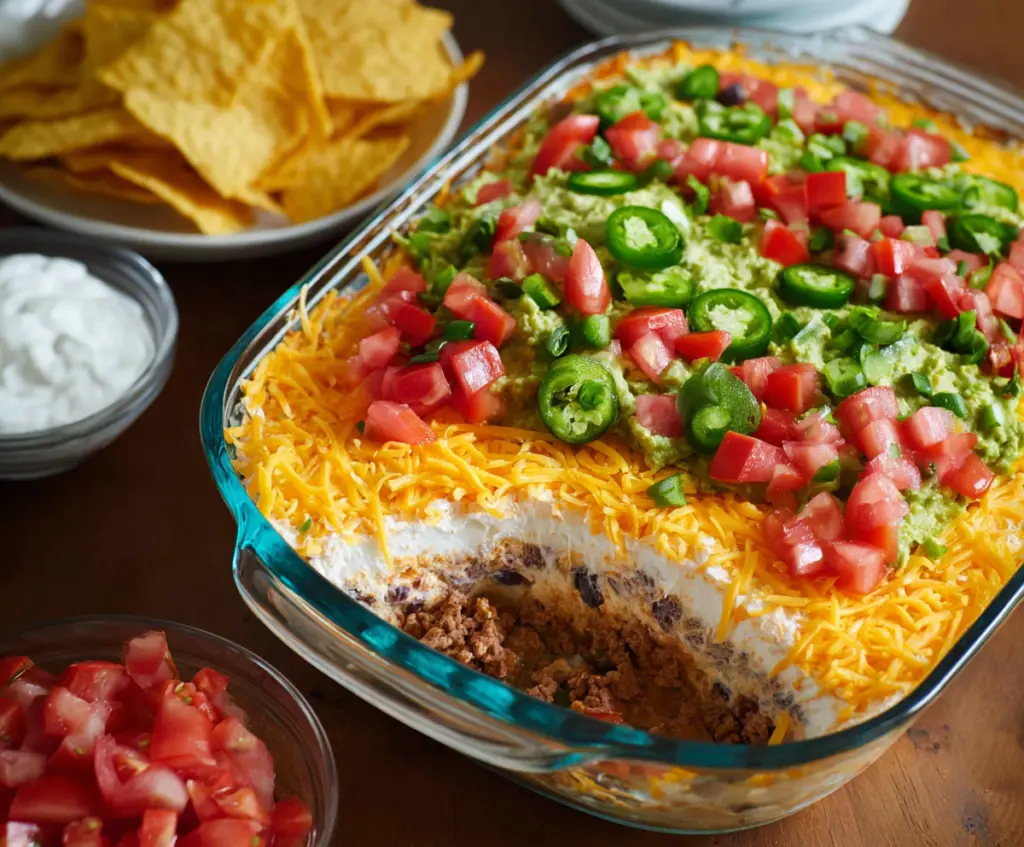 Colorful seven-layer taco dip featuring layers of beans, cheese, guacamole, sour cream, and salsa, served with tortilla chips.