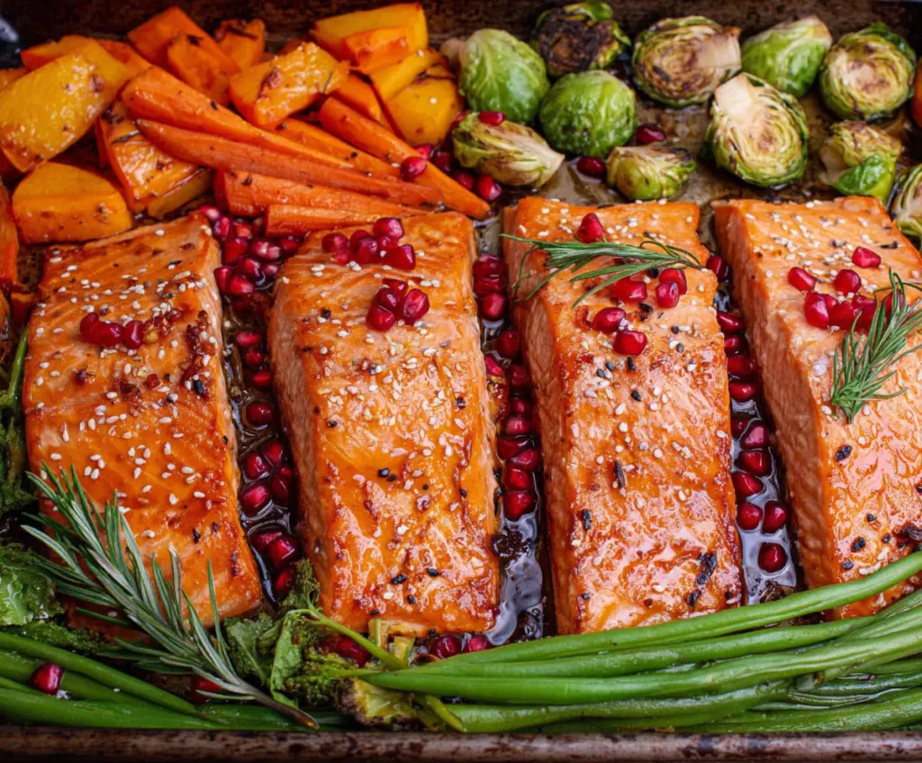 Delicious maple glazed sheet pan salmon topped with fresh herbs and served with vegetables.