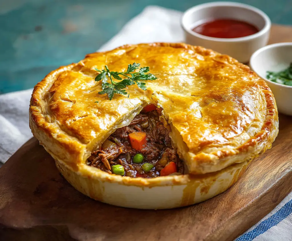 Delicious homemade meat pie with golden crust and savory filling, perfect for family dinner.
