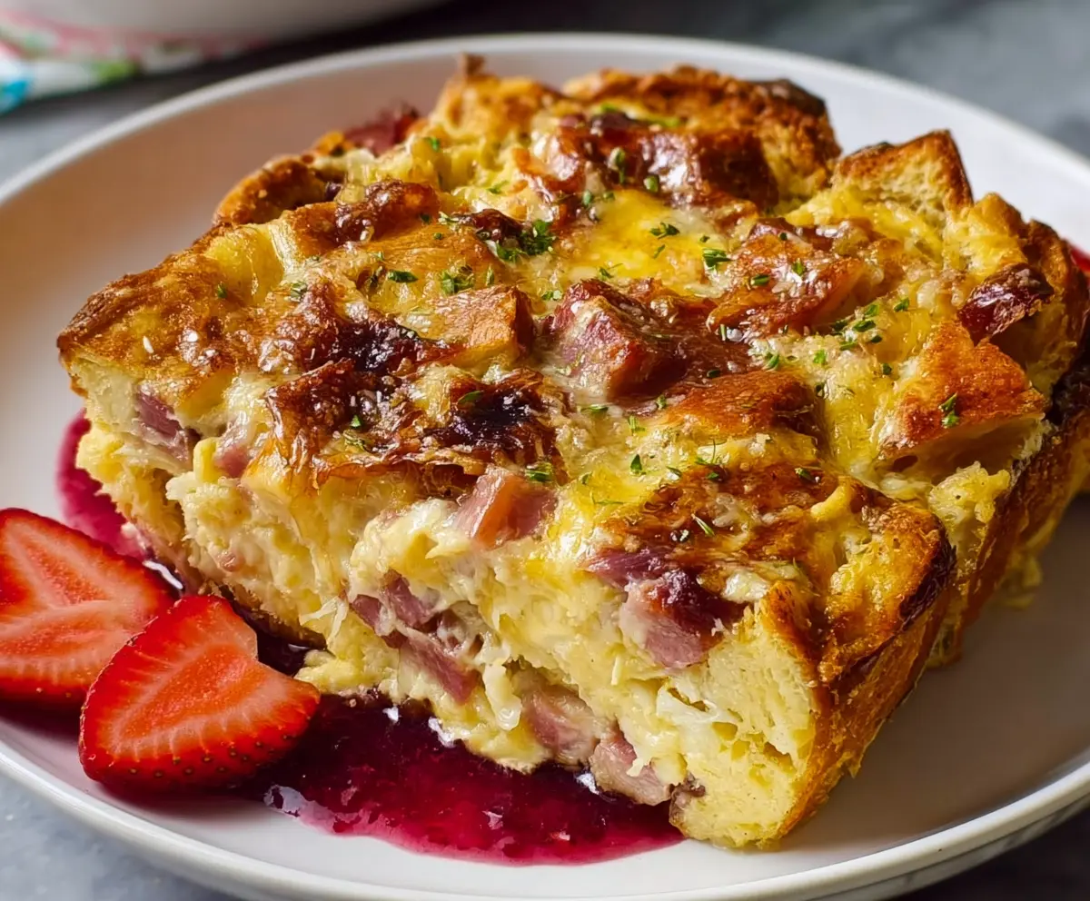 Monte Cristo breakfast casserole baked until golden and dusted lightly
