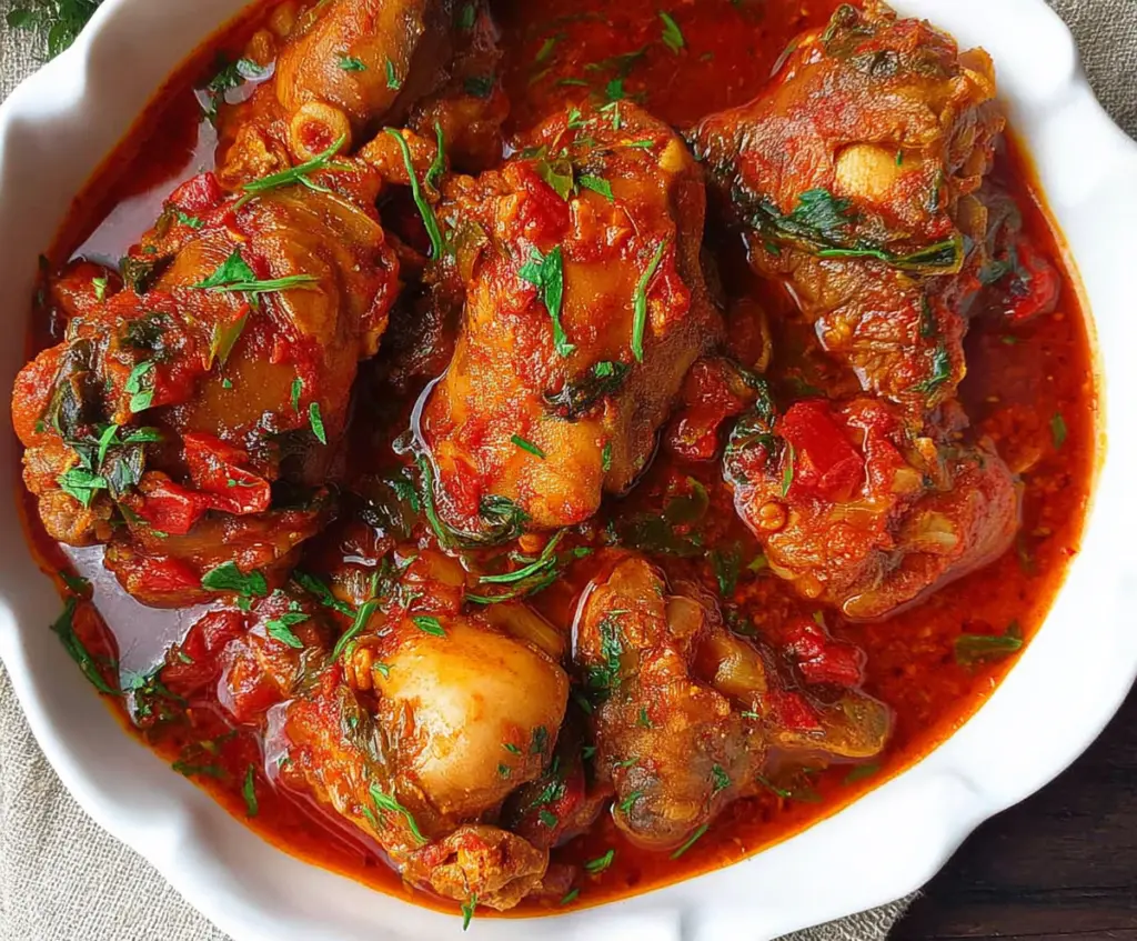 Delicious Nigerian Chicken Stew served with rice and vegetables, showcasing rich tomato and spice flavors.