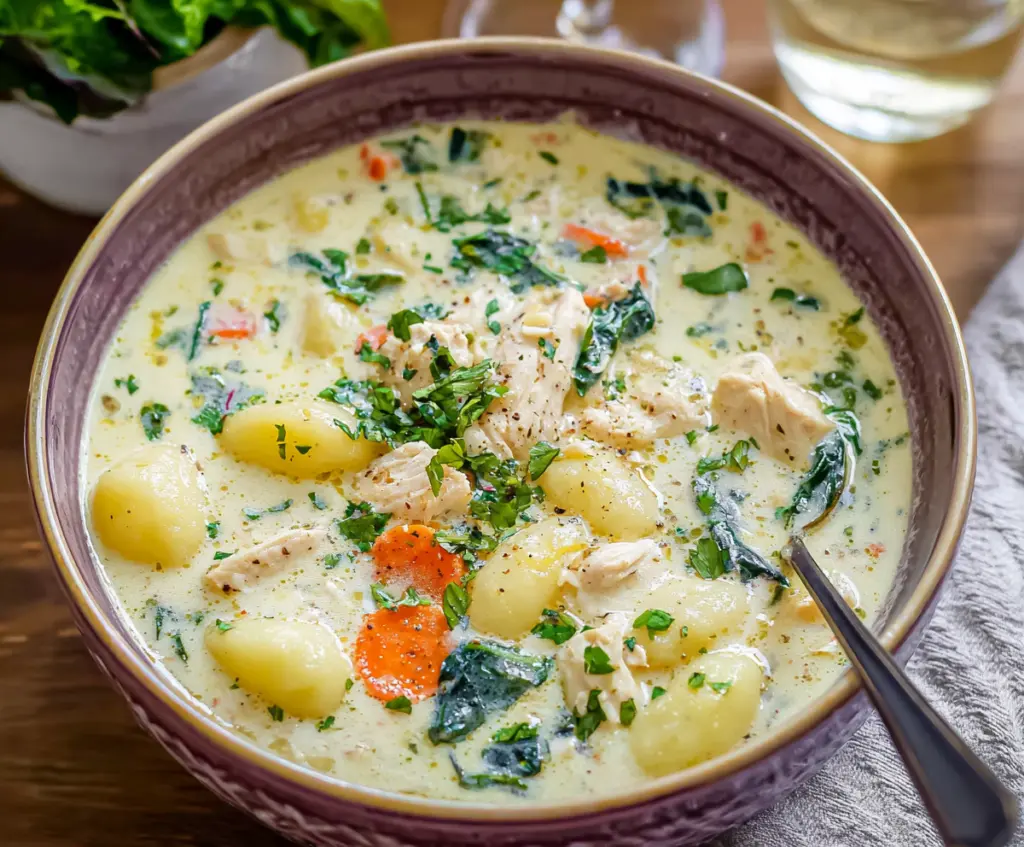 Creamy Olive Garden Chicken Gnocchi Soup in a bowl with fresh herbs and vegetables.