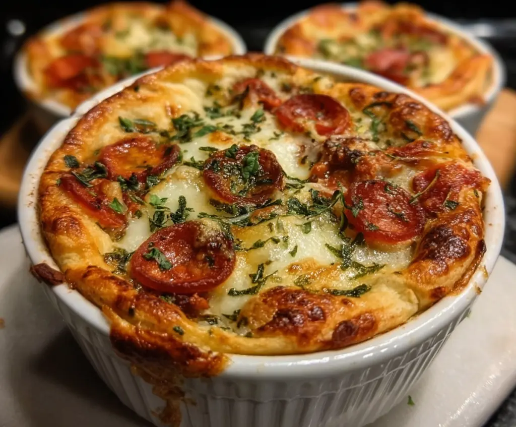 Delicious homemade Pizza pot pies with cheesy toppings and flavorful crust.