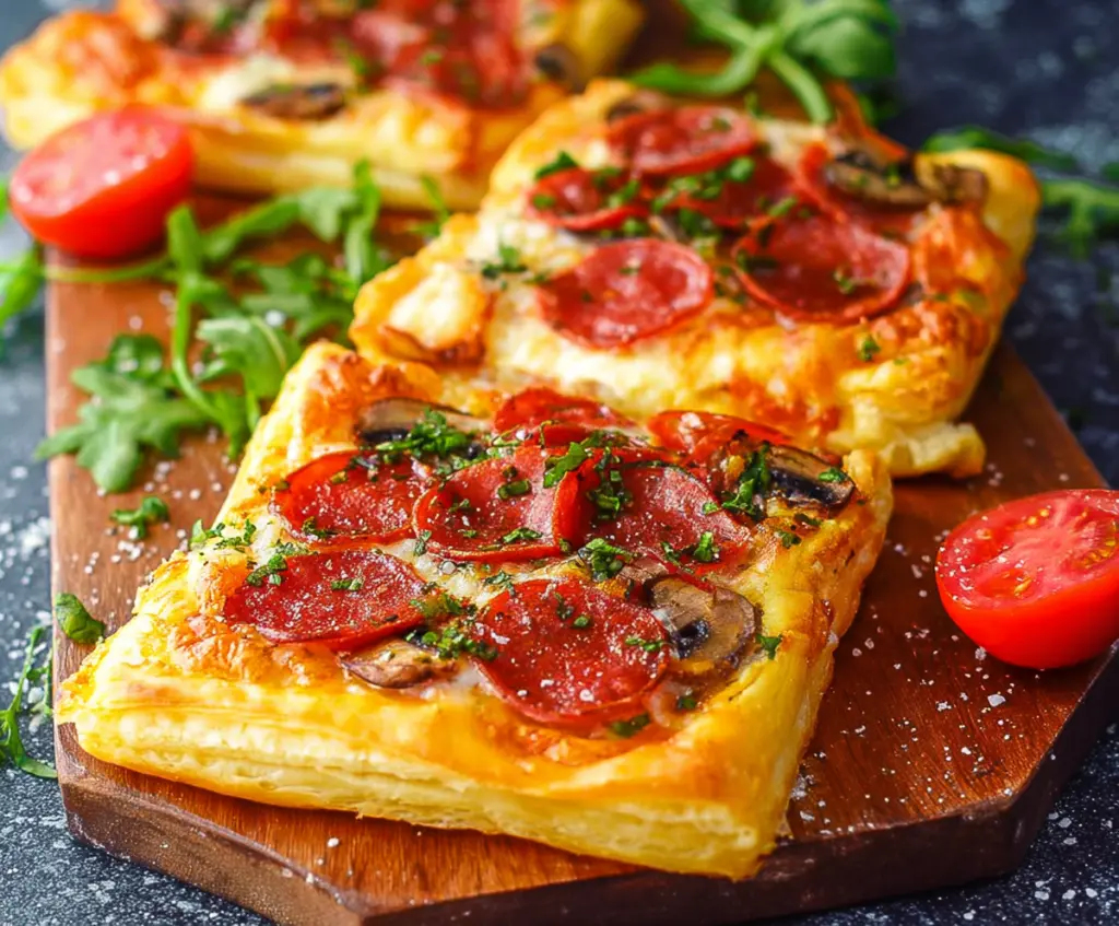 Delicious homemade puff pastry pizzas topped with cheese and fresh ingredients.