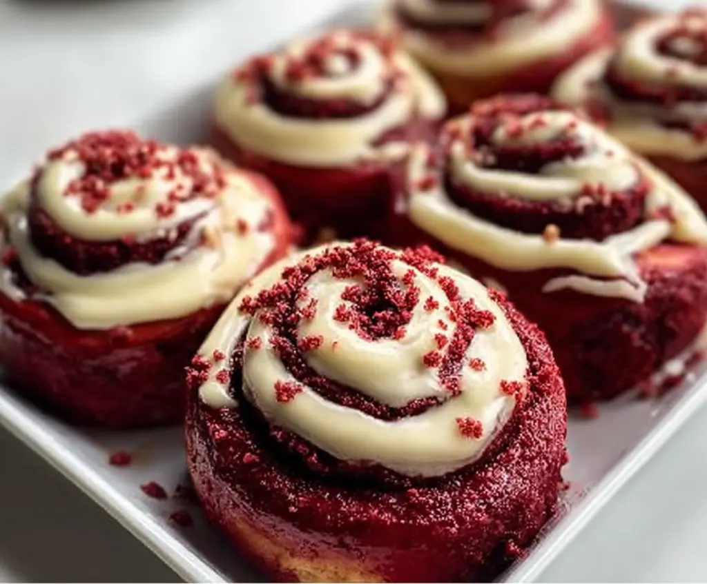 Delicious red velvet cinnamon rolls topped with cream cheese frosting, perfect for breakfast or dessert.