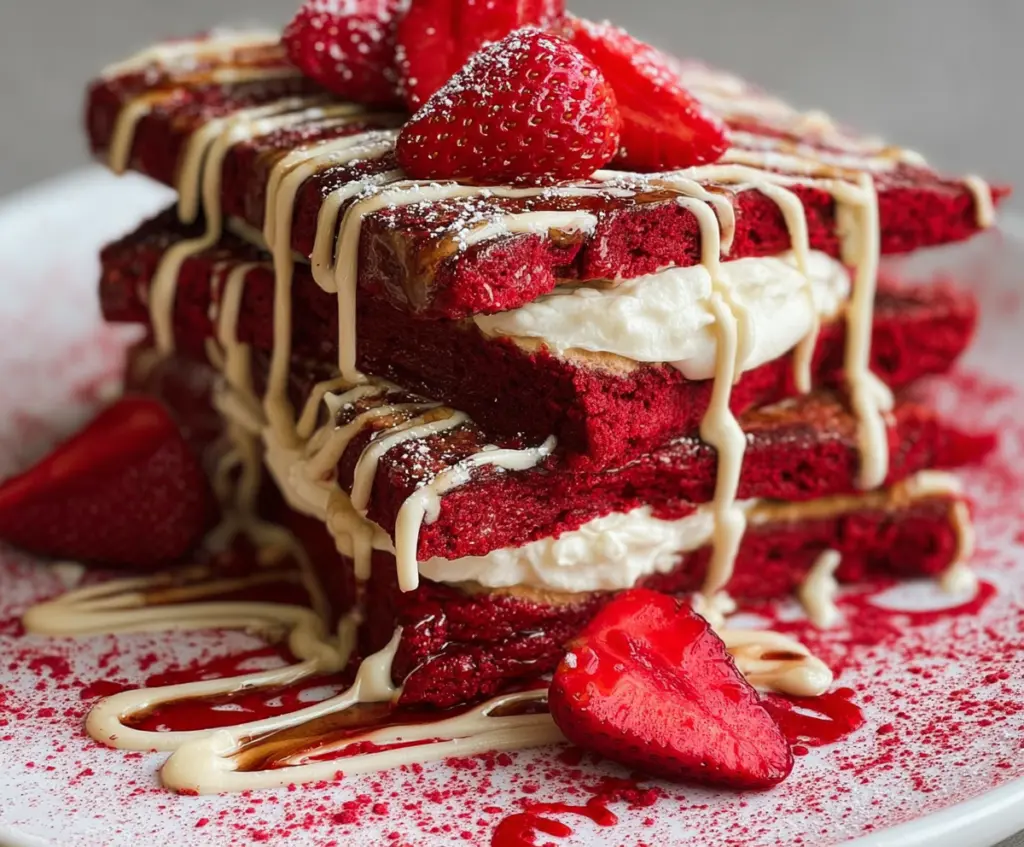 Delicious red velvet French toast topped with cream cheese frosting and fresh berries.