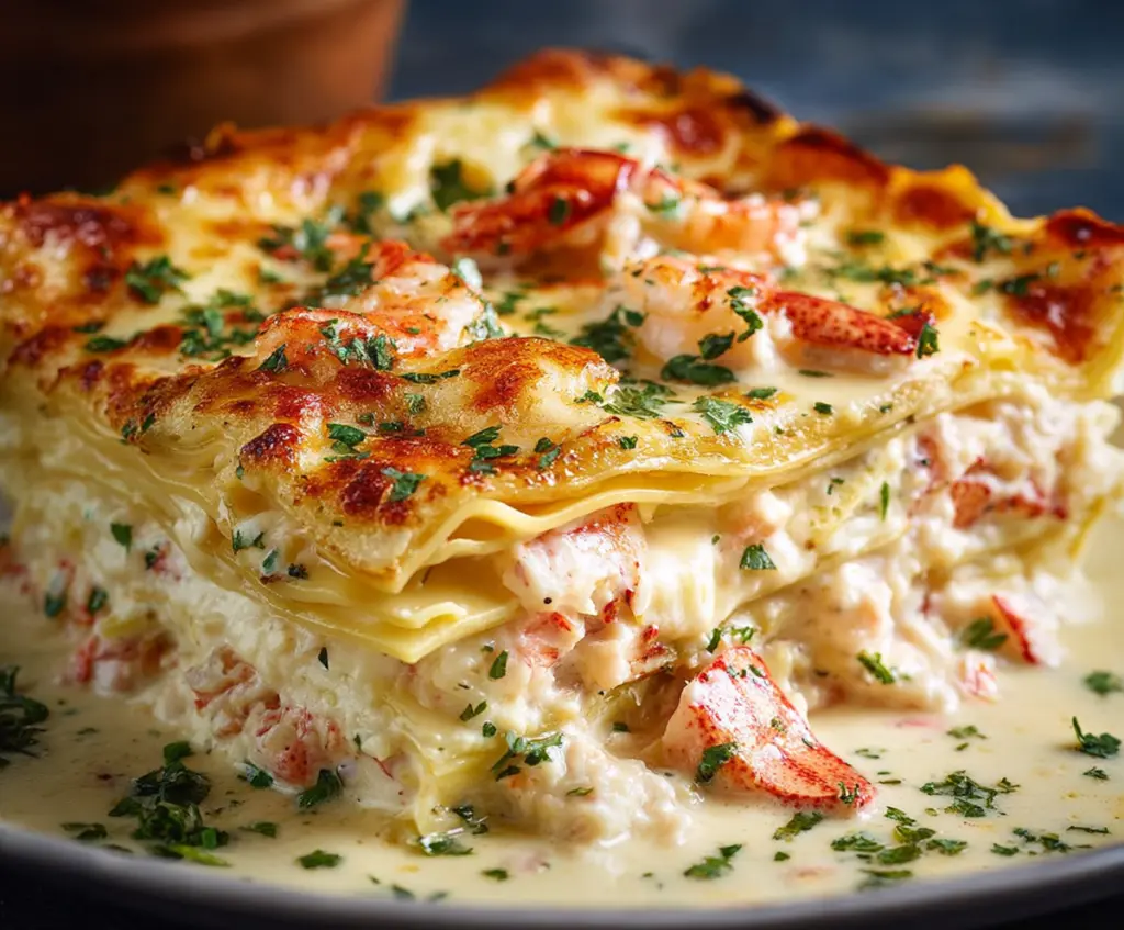 Delicious seafood lasagna featuring tender lobster and shrimp layers, perfect for a gourmet dinner.