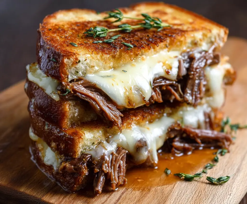 Melted short rib grilled cheese sandwich with crispy bread and gooey cheese on a wooden board.