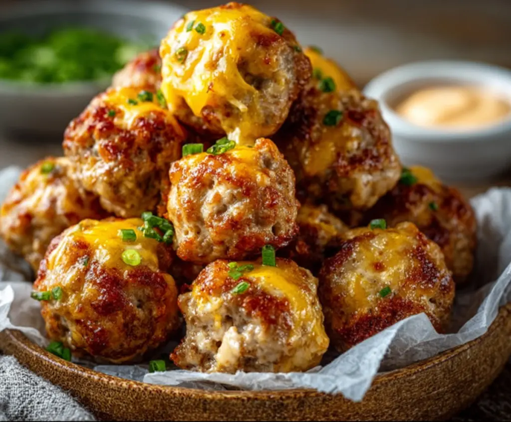 Delicious Spicy Rotel Cream Cheese Sausage Balls on a serving plate, perfect for appetizers.