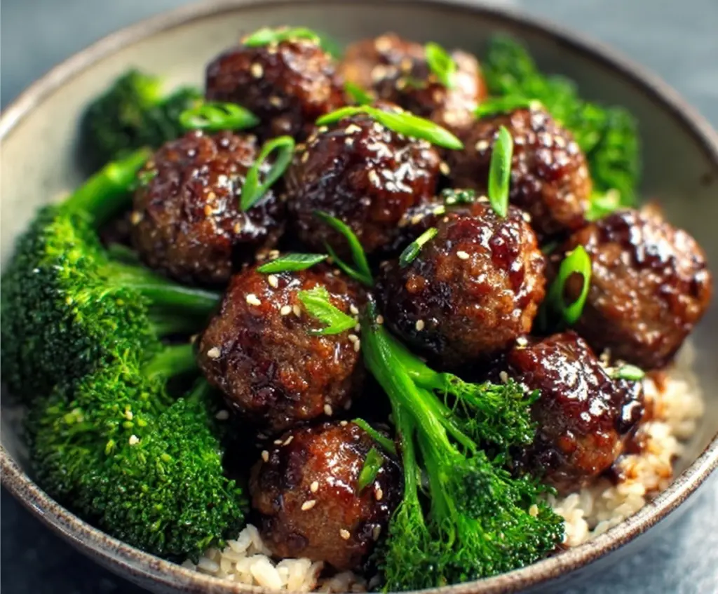 Delicious sticky Mongolian meatballs served with fresh broccoli in a flavorful Asian-inspired sauce.