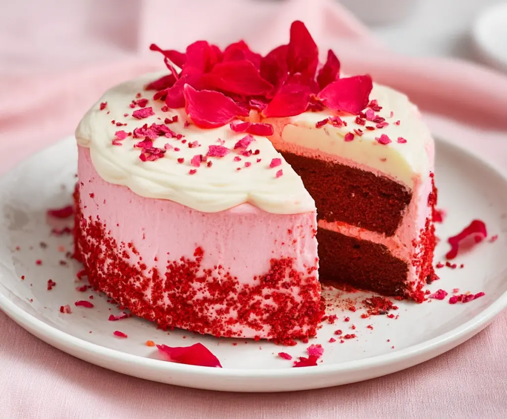 Delicious Valentine Red Velvet Truffle Cake with rich cream cheese frosting and vibrant red color.