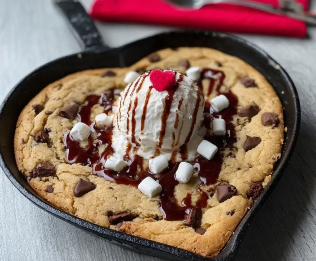 Delicious Valentine’s Day Heart Skillet Cookie with chocolate chips and a sweet, gooey center.
