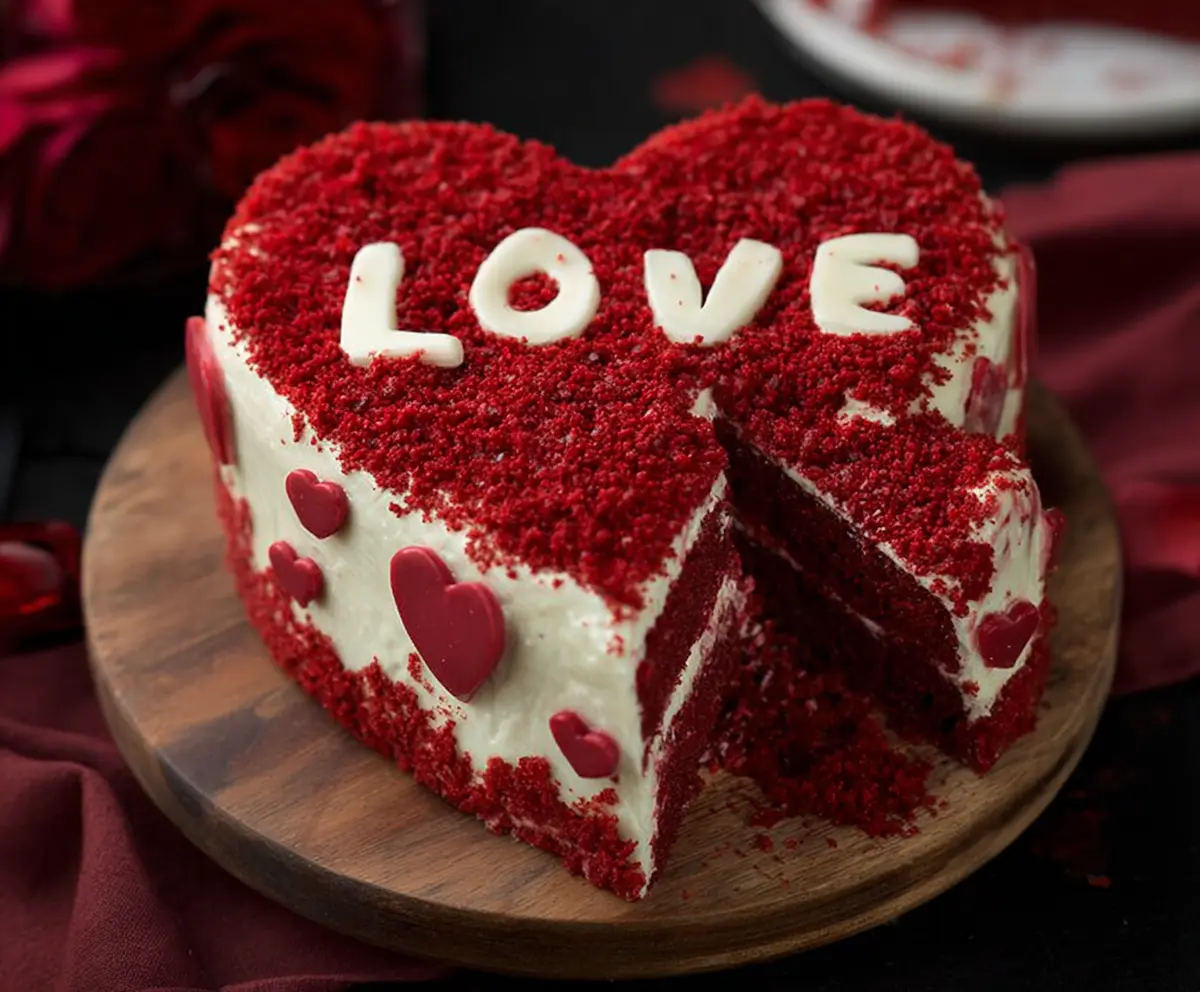 Valentine's heart-shaped red velvet cake decorated for Valentine's Day