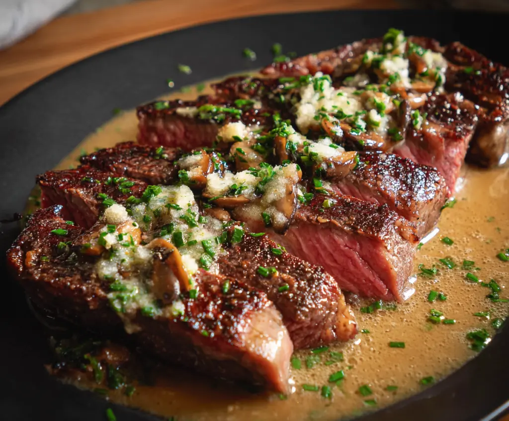 Juicy Wagyu steak topped with melting garlic butter served on a rustic wooden board.