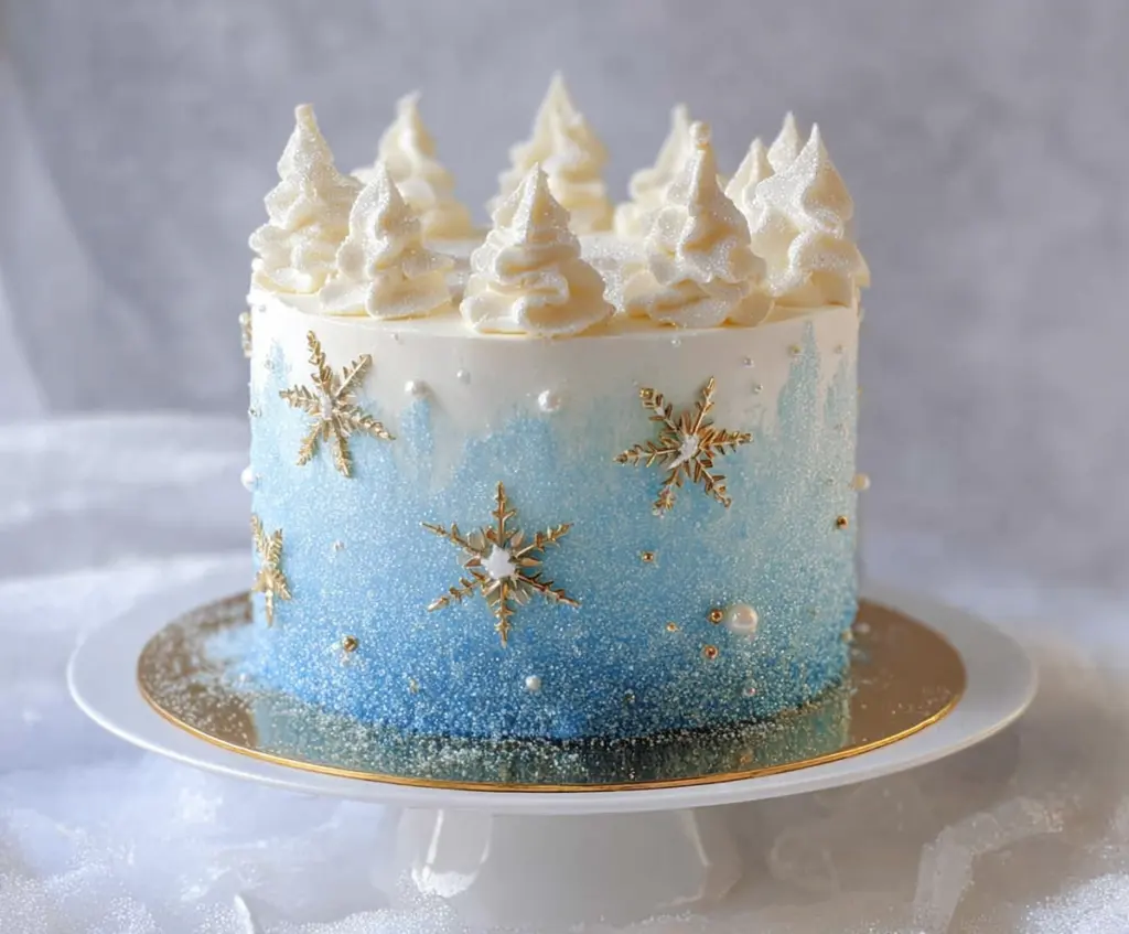 Delicious Winter Vanilla Snowflake Cake decorated with festive snowflake patterns for holiday celebrations.
