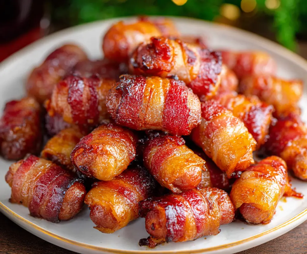Delicious bacon-wrapped little smokies on a plate, perfect for party appetizers.