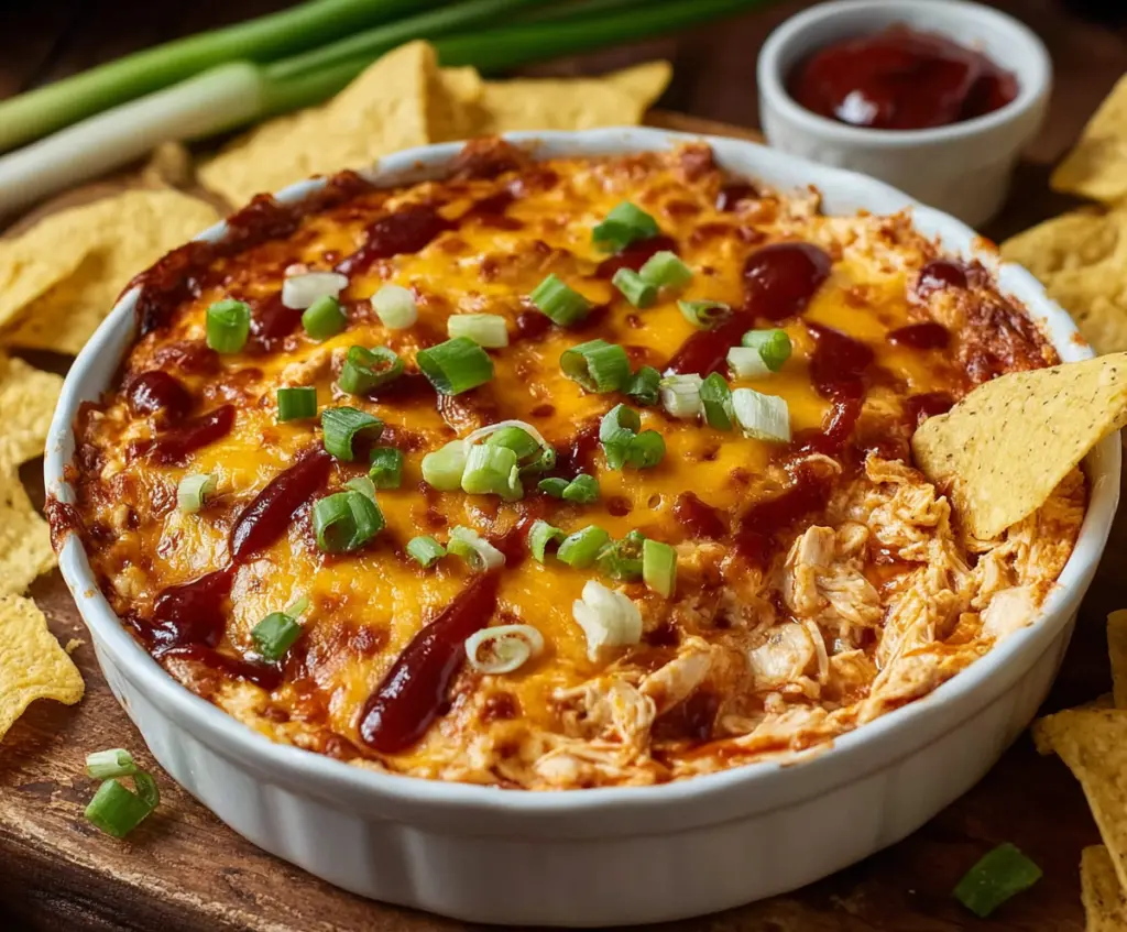 Delicious BBQ chicken dip served in a bowl, perfect for parties and gatherings.