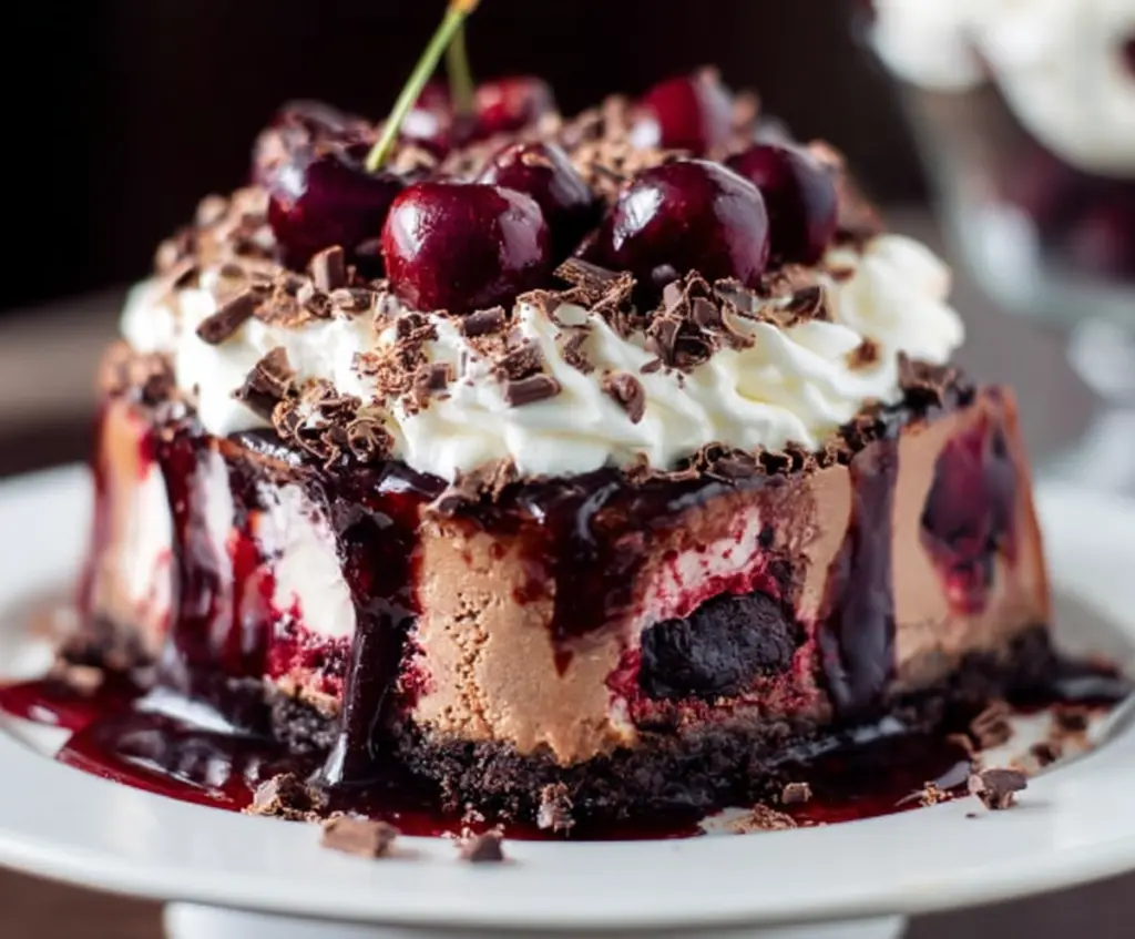 Delicious Black Forest Cheesecake with layers of chocolate, cherries, and whipped cream