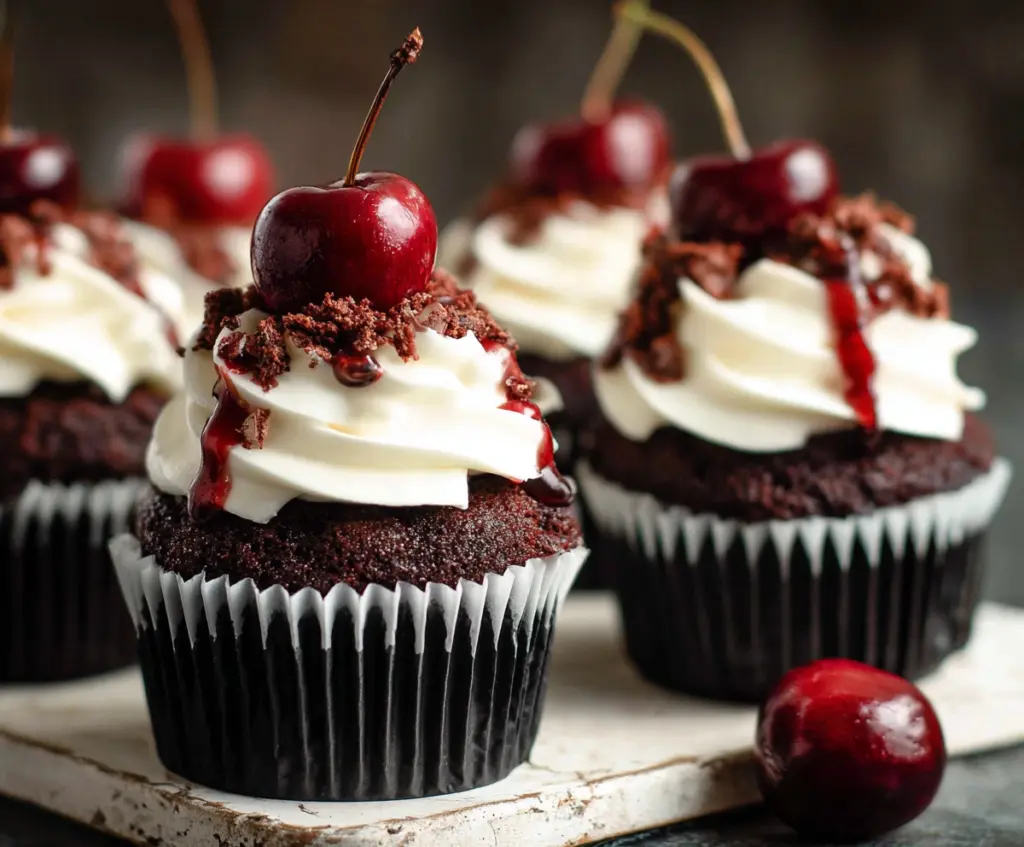 Delicious Black Forest Cupcakes topped with whipped cream and chocolate shavings, perfect for dessert.