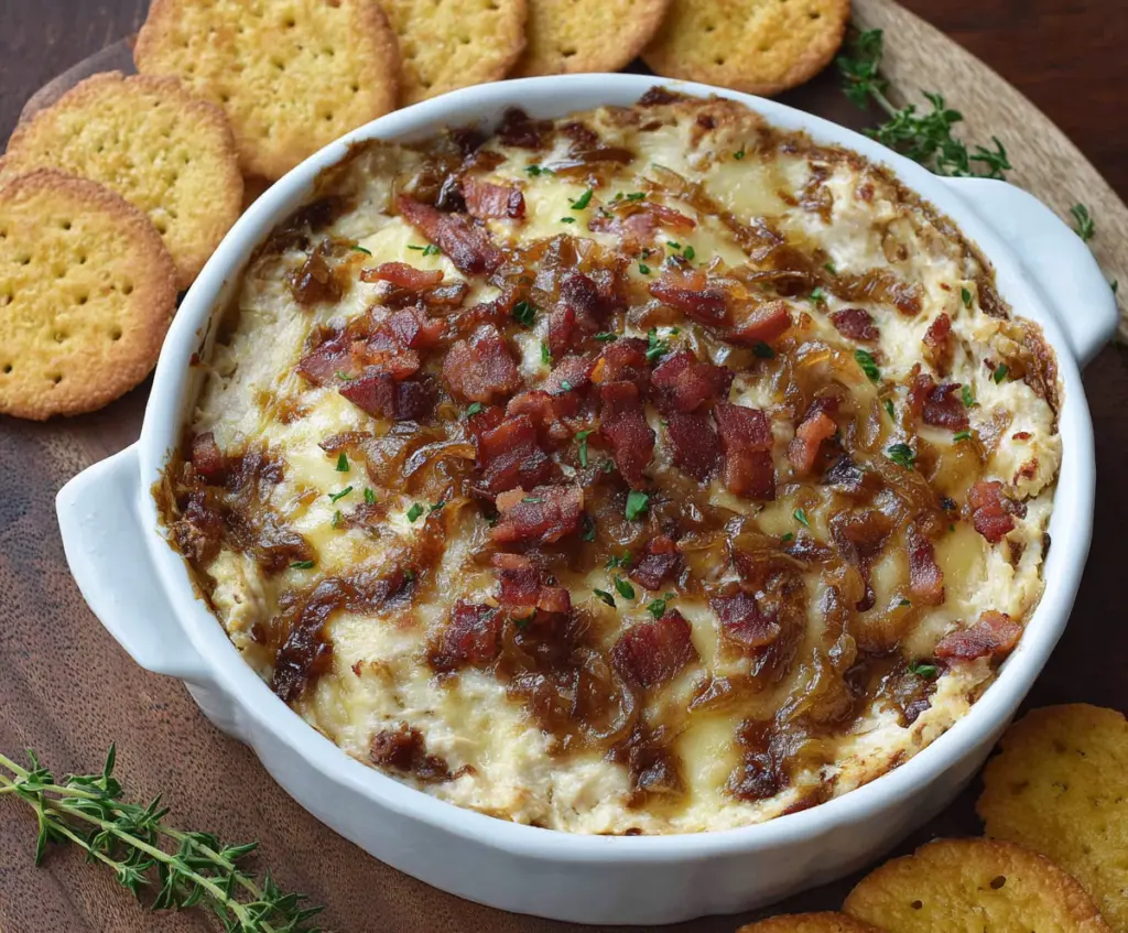 Delicious caramelized onion and crispy bacon dip served in a bowl, perfect for parties.