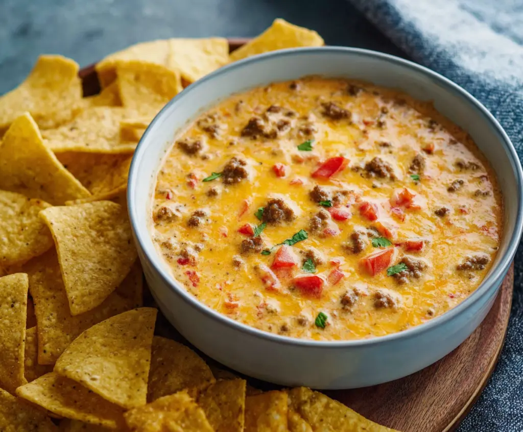 Delicious cheesy sausage Rotel dip served in a bowl, perfect for game day snacking.