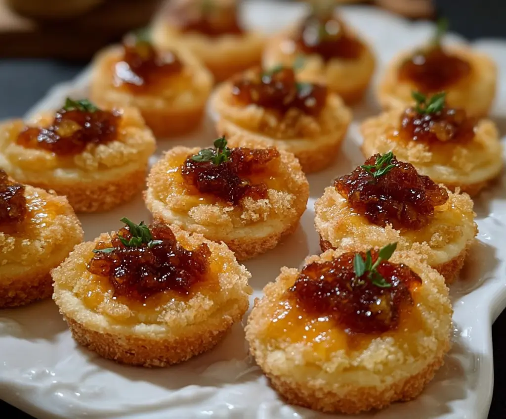 Delicious cheesy thumbprint appetizers with melted cheese and savory fillings on a festive platter