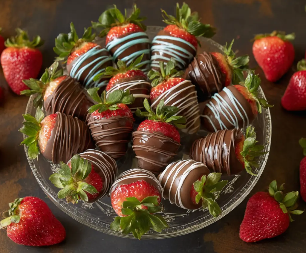Delicious chocolate-covered strawberries garnished with a drizzle of white chocolate for a perfect sweet treat.
