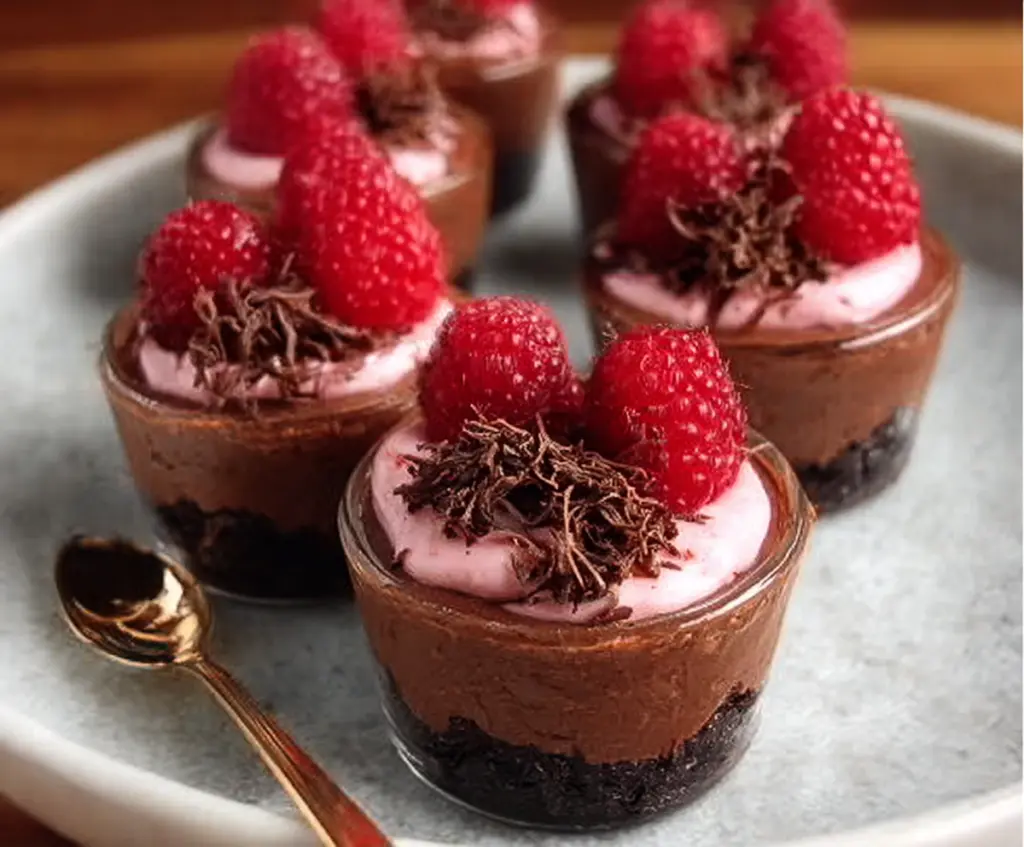 Delicious chocolate raspberry mousse cups garnished with fresh raspberries and chocolate shavings.