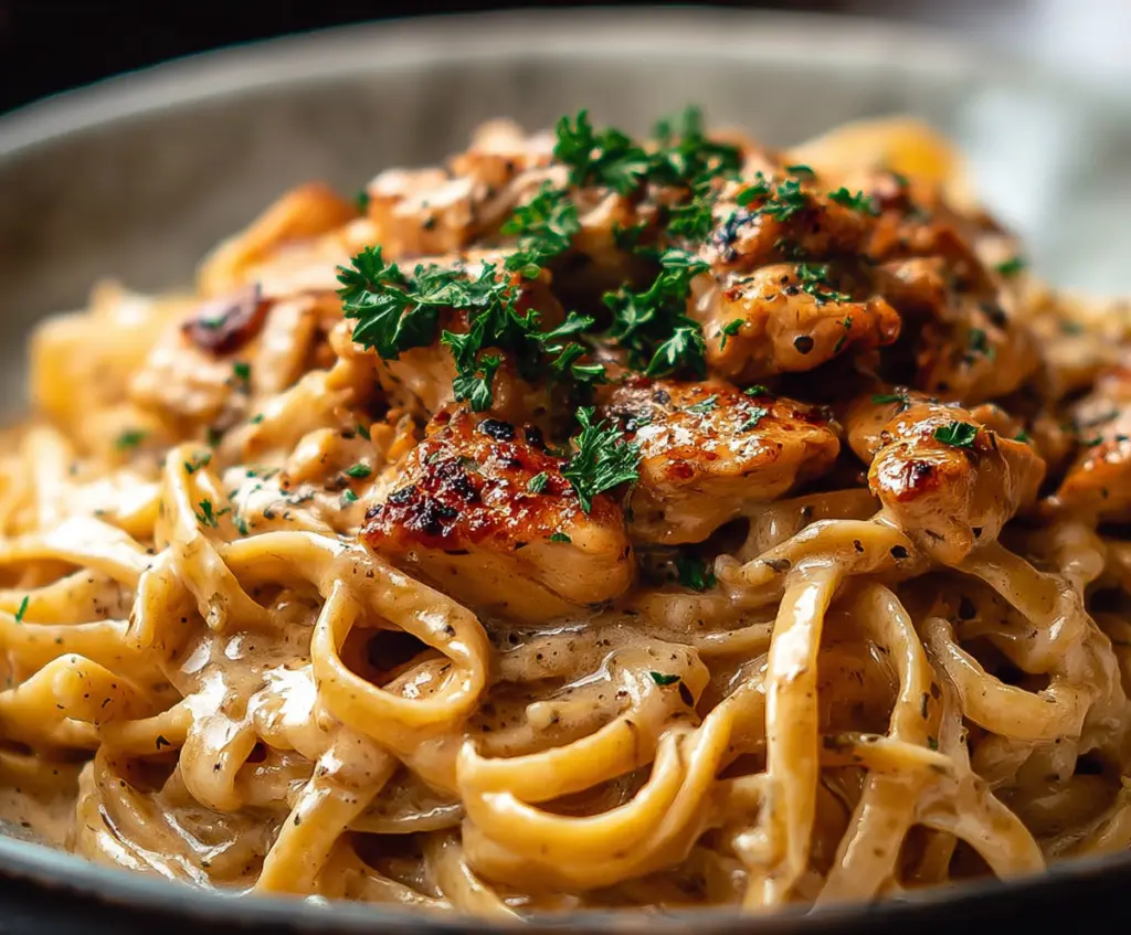 Creamy Cowboy Butter Chicken Pasta with herbs and spices on a plate