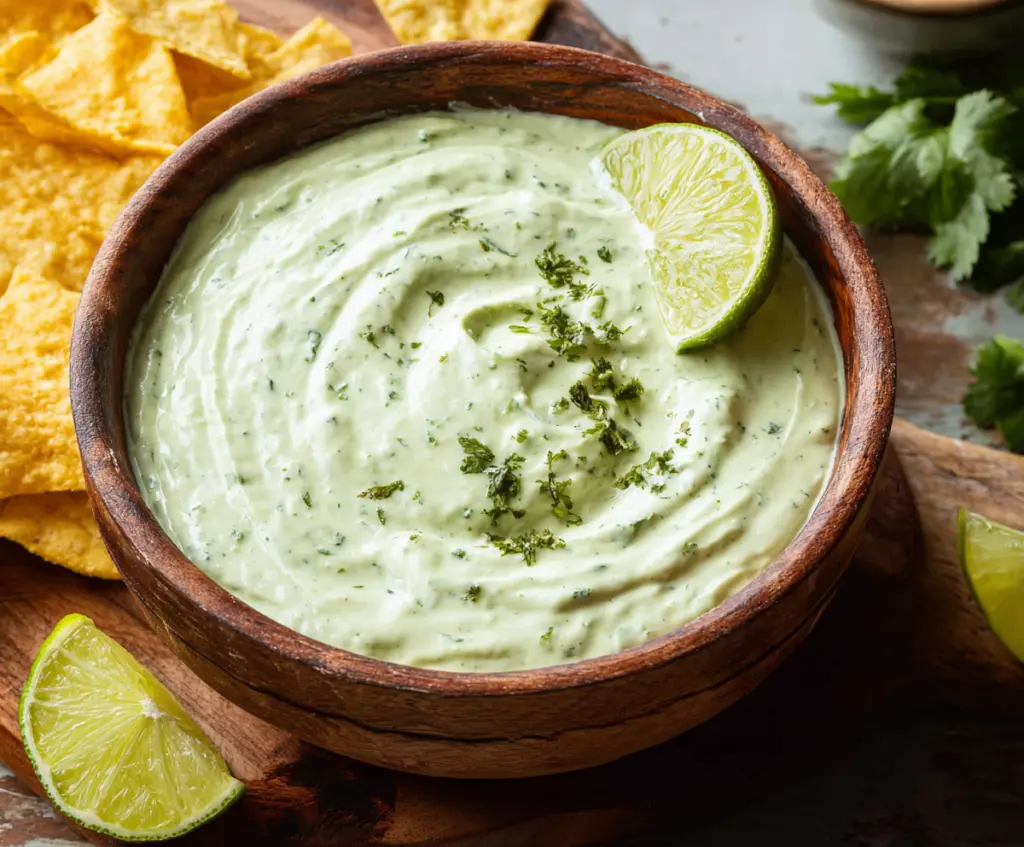Creamy avocado cilantro lime dip served with fresh vegetables and tortilla chips.